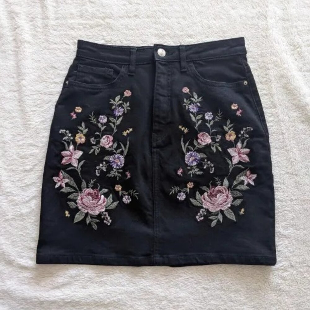 Black Denim Floral Embroidered Skirt